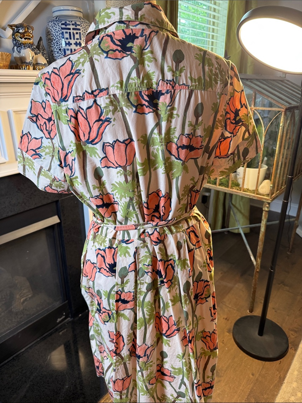 Tory Burch Poplin Shirtdress Pink Poppies size 14 belted - Picture 4 of 5
